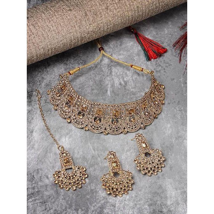 Graceful Curve Shaped  AD Stones Choker Necklace Set With Earring And Maangtika | Jewellery Set For Women