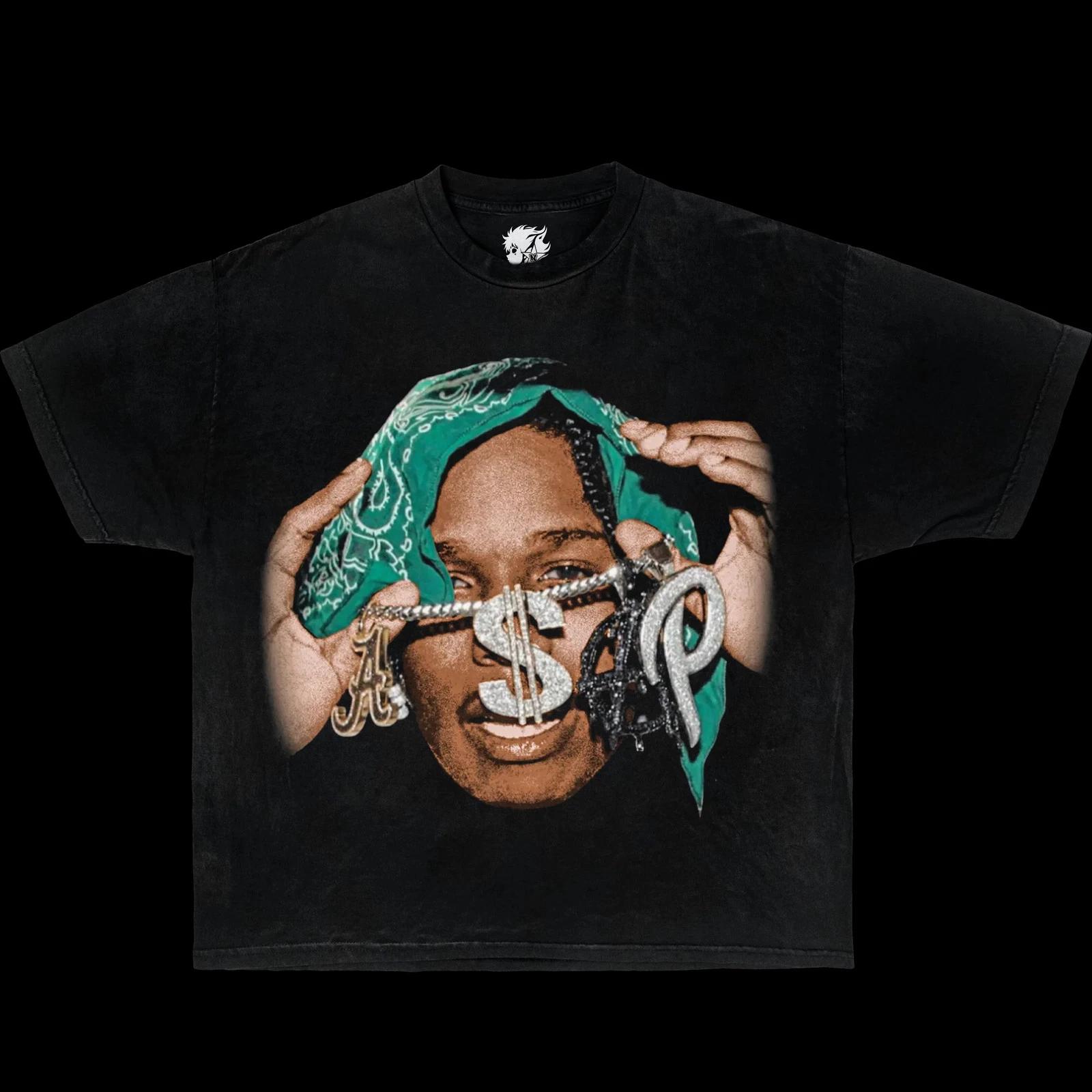 

A$ap Rocky Chains Boxy Vintage Shirt Graphic Rap Tees Oversized Streetwear Y2K M