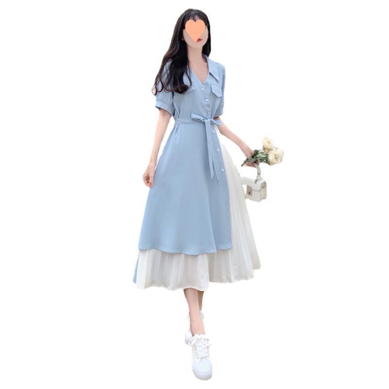 Elegant Two-Piece V-Neck Shirt Dress - Literary Style Summer Maxi for Women