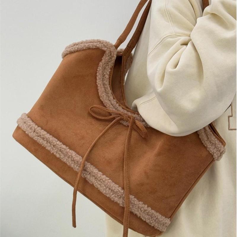 Retro Faux Lambswool Bow Tote Bag Women Autumn Winter New Large Capacity Shoulder Bag Ladies Sweet Cute Solid Color Underarm Bag