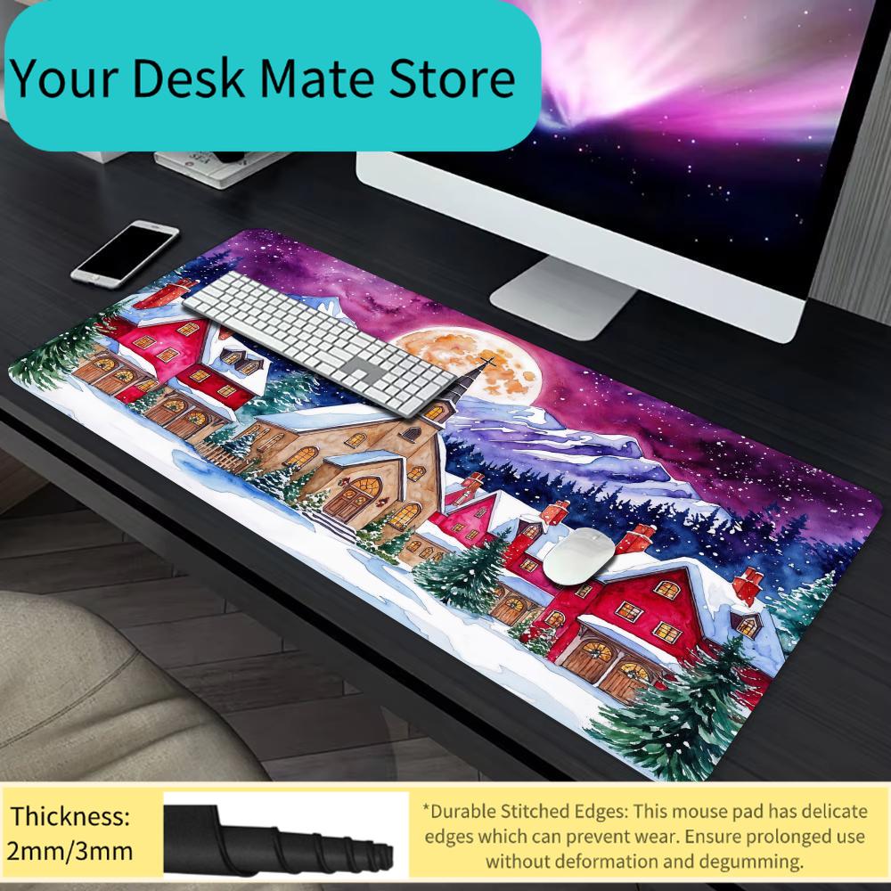 Christmas Town Full Moon Mouse Pad Desk Mat Stitched Edge NonSlip Gaming Pads Office Rug Mouse Carpet Festival Decorative Pad