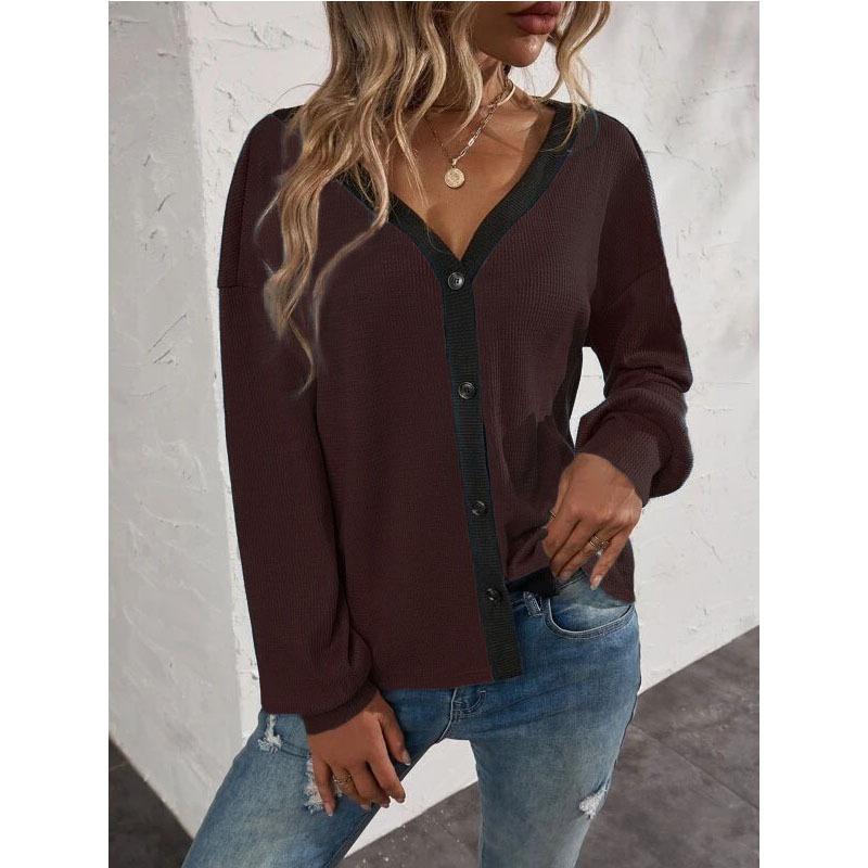 Damen-Cardigan, T-Shirt, V-Ausschnitt, langärmelig, Waffel-Cardigan, Knopfstrick-Oberteil, Jacke