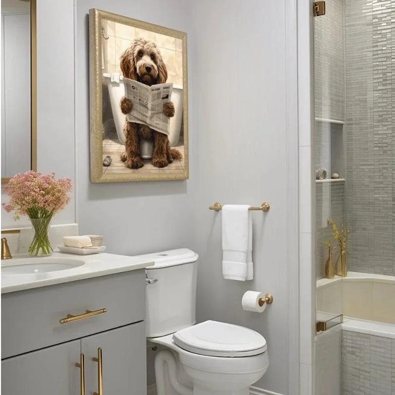 Vtipný Roztomilý Pes Koupelna Zvíře na Záchodě a Čtení Novin Plakátový Tisk Plátno Malba Nástěnné Umění Obývací Pokoj Domácí Dekorace