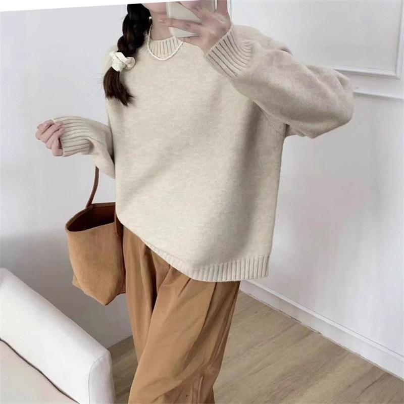 Retro soft waxy round neck pullover sweater for women to wear with autumn and winter new loose lazy wind knitted sweater top for women