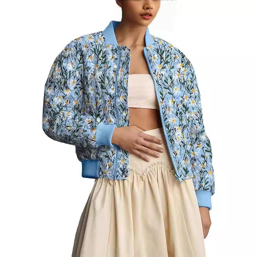 

Женская укороченная куртка-бомбер с вышивкой «Маргаритки», с длинными рукавами, стеганая, пуховик, утепленное пальто, верхняя одежда XL синий