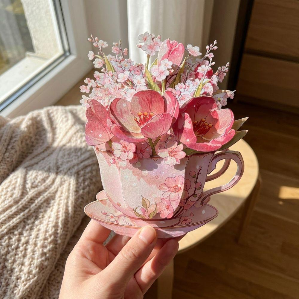 Papierblumen Teetasse Grußkarte Überraschungsgeschenke 3D Pop-Up Blumenstraußkarte Muttertag
