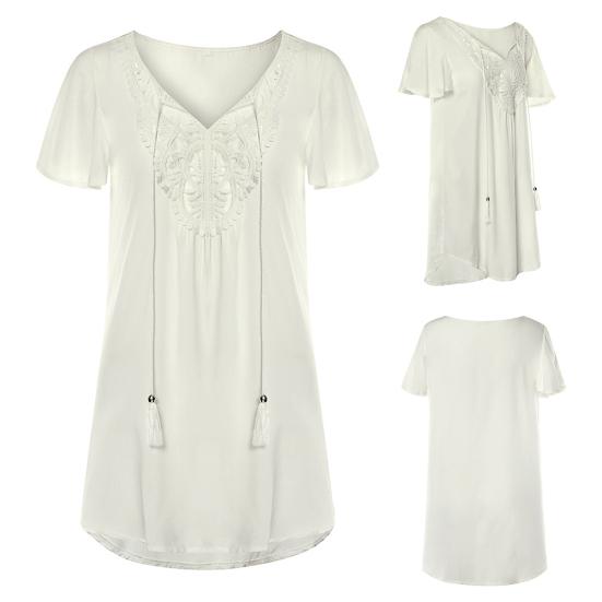 Sommer Strand Damen Unifarben Spitze Nähte V-Ausschnitt Kurzarm Minikleid