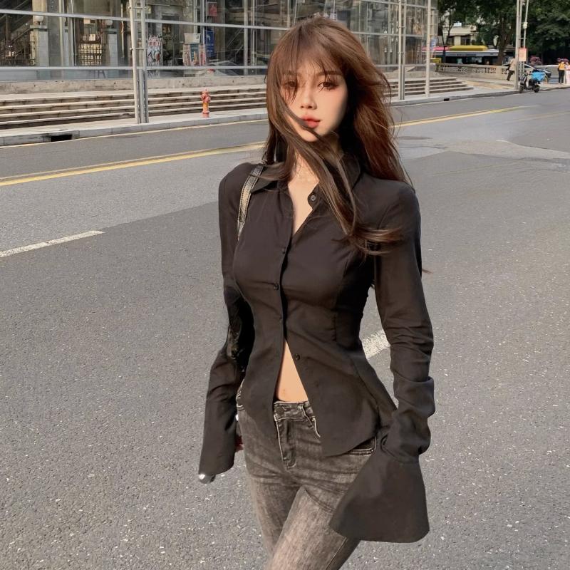 Women Sexy Solid Color Slim Chiffon Shirt Turn-down Collar Flare Sleeve Tunic Bandage Design Vintage Female Blouses Spring 2026