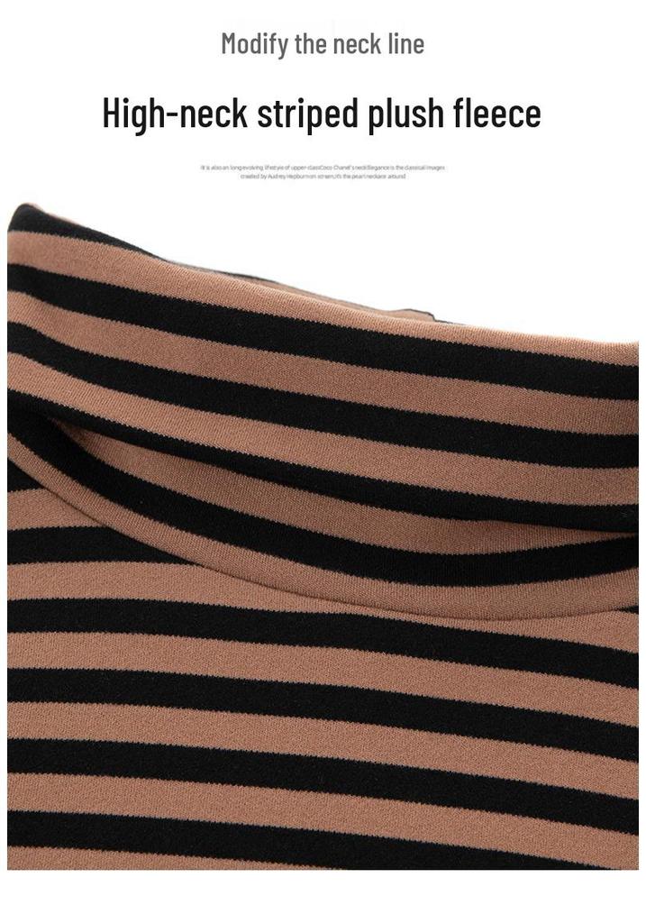 Women's Plush Striped High-Neck Base Layer Top - Long Sleeve, Plus Size, for Autumn/Winter, Middle-Aged Mom, Thick Velvet Inner Layer.