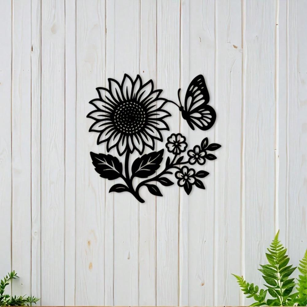 Metal Wall Art Sunflower Butterfly Iron Plaque Rope Hook Home Garden Decor