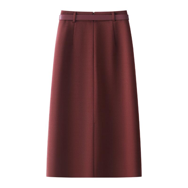 2024 Damen Angora Rot Tweed Midi Rock - Herbst/Winter Gerader Bleistiftrock mit Schlitz hinten