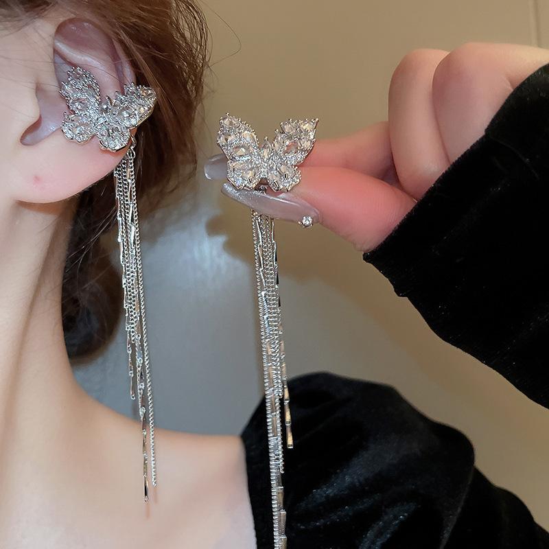 Cercei clip cu franjuri din cristal artificial roz, super zână, dulci și cool, fluture vânt fără piercinguri în urechi, clipsuri pentru osul urechii, cercei premium.