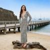 Cover Up Dress V-Neck Long Sleeve Loose Fit Beach Dress Loose Fit Striped Print Sun Protection Bikini Cover Up Dress Beachwear