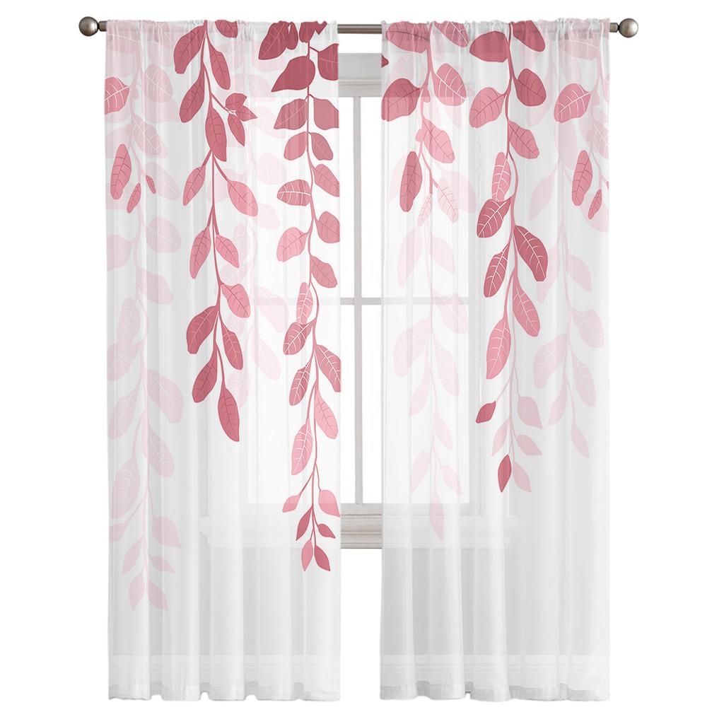 Leaf Plant Rural Style Agate Green Pink Gradient Sheer Window Curtain Tulle Curtains for Livingroom Home Decor Voile Drapes