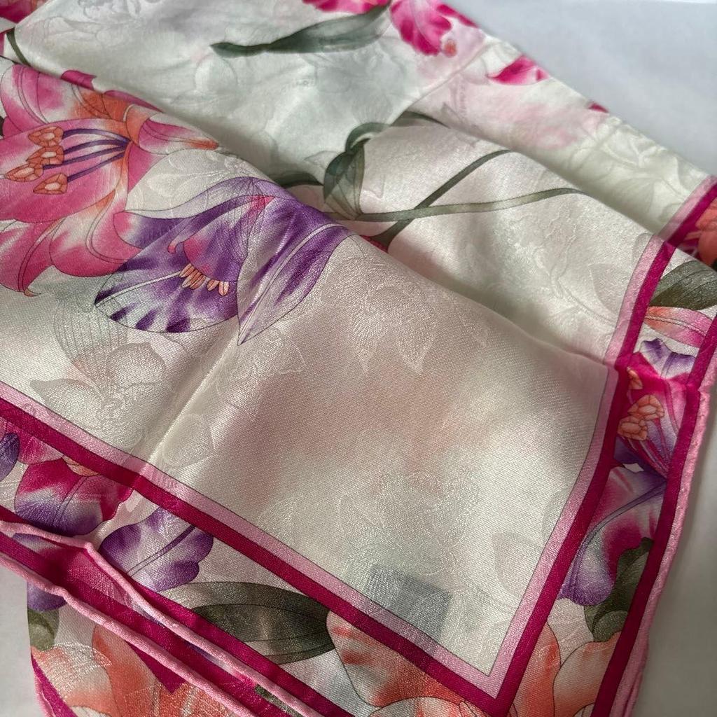 Used LEONARD FASHION Scarf Handkerchief Floral Pink 100% Silk 58cm Sheer