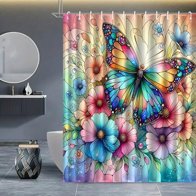 Lebendige Buntglas Schmetterling & Blumen Wasserdichter Duschvorhang - Farbenfrohes Künstlerisches Design Für Lebhafte Badezimmerdeko