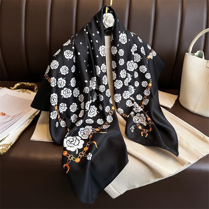 Women's Retro Twill Silk Scarf - 90cm Versatile Shawl for Travel & Sun Protection