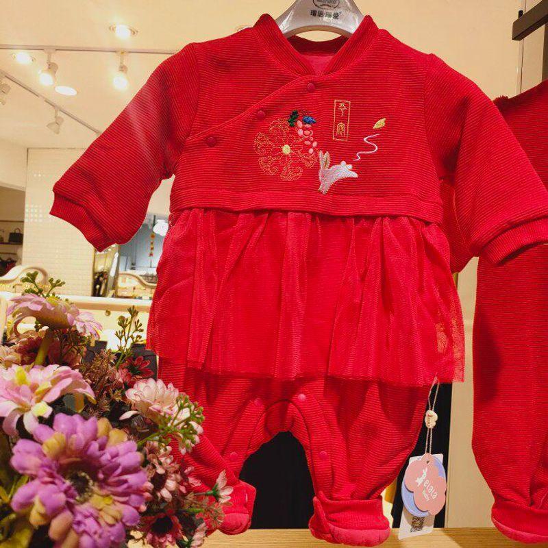 Red Festive One-Piece Romper for Babies, Chinese New Year Outfit, Thin Cotton Jumpsuit for Babies
