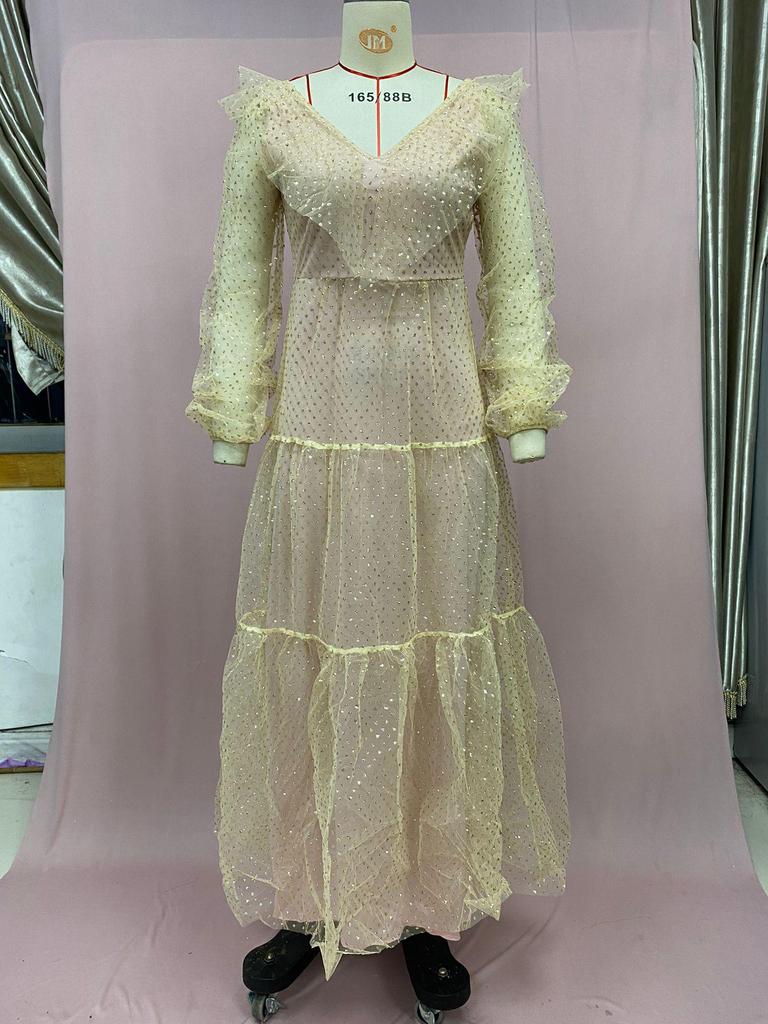 Rochie de seară pentru femei europene și americane, primăvară/vară 2025, sexy, cu decolteu în V, cu accente aurii, cu mânecă lungă