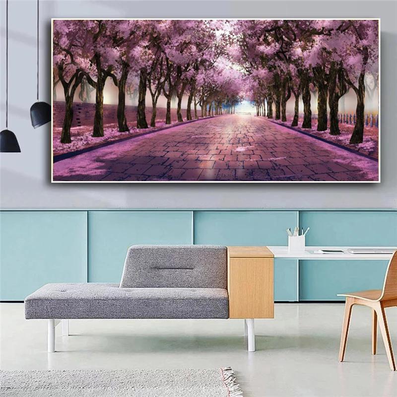Stille Lila Baum Straße Ölgemälde auf Leinwand Landschaft Wandkunst Poster Drucke Wandbild für Wohnzimmer Home Cuadros