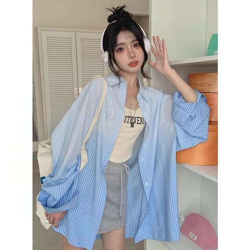 

Весенне-летняя новая полосатая рубашка с градиентной цветовой блокировкой, защита от солнца, летняя, легкая, повседневная, свободная, ленивая женская одежда S синий