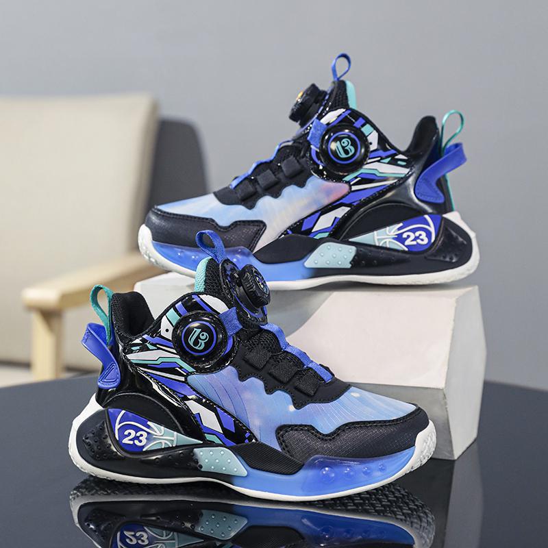Boys' sneakers mesh breathable 2025 summer new button basketball shoes student fashion middle and older children's shoes trend