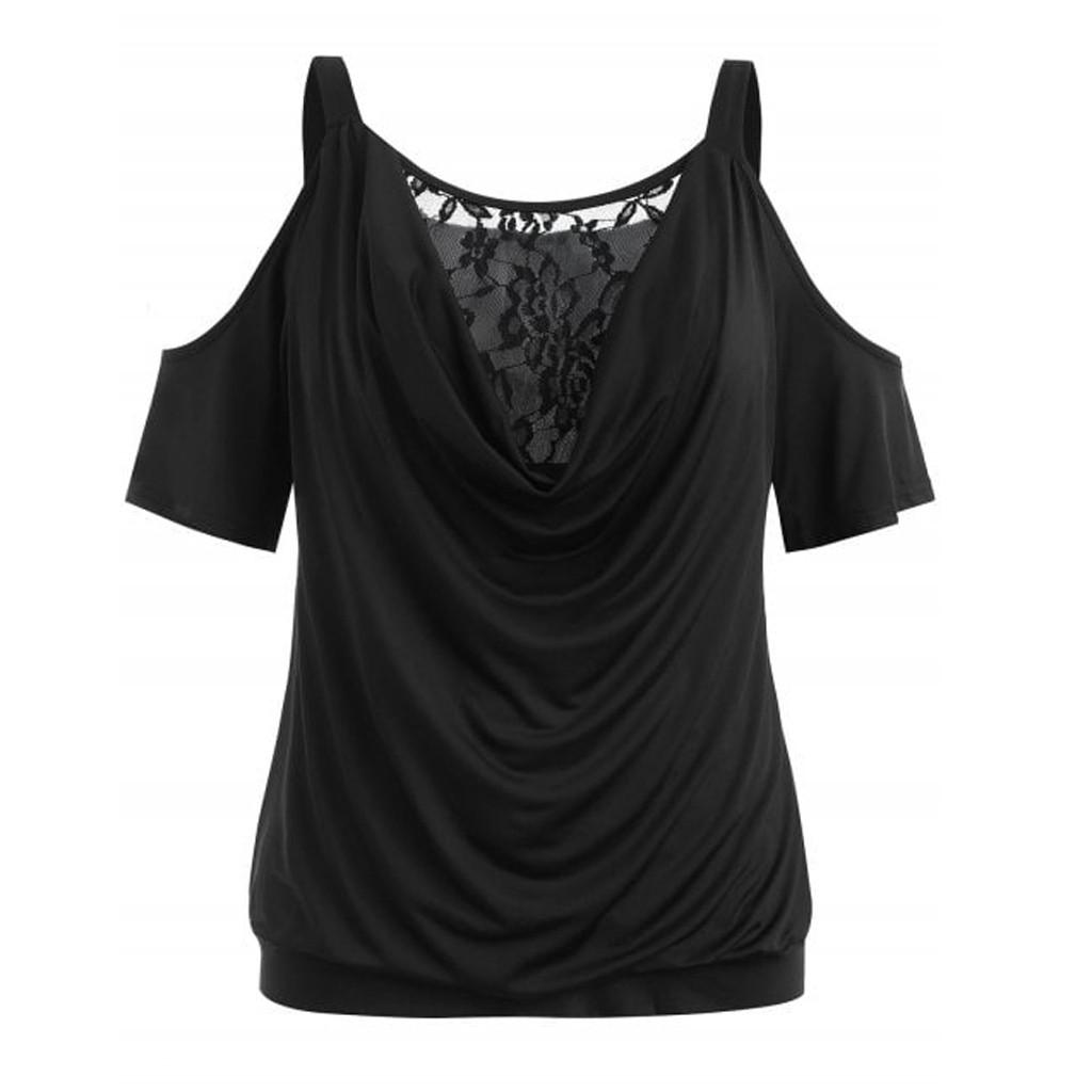 Fashion Womens Plus Size Lace Solid Cold Shoulder Cowl Neck T-shirt Tops Blouse