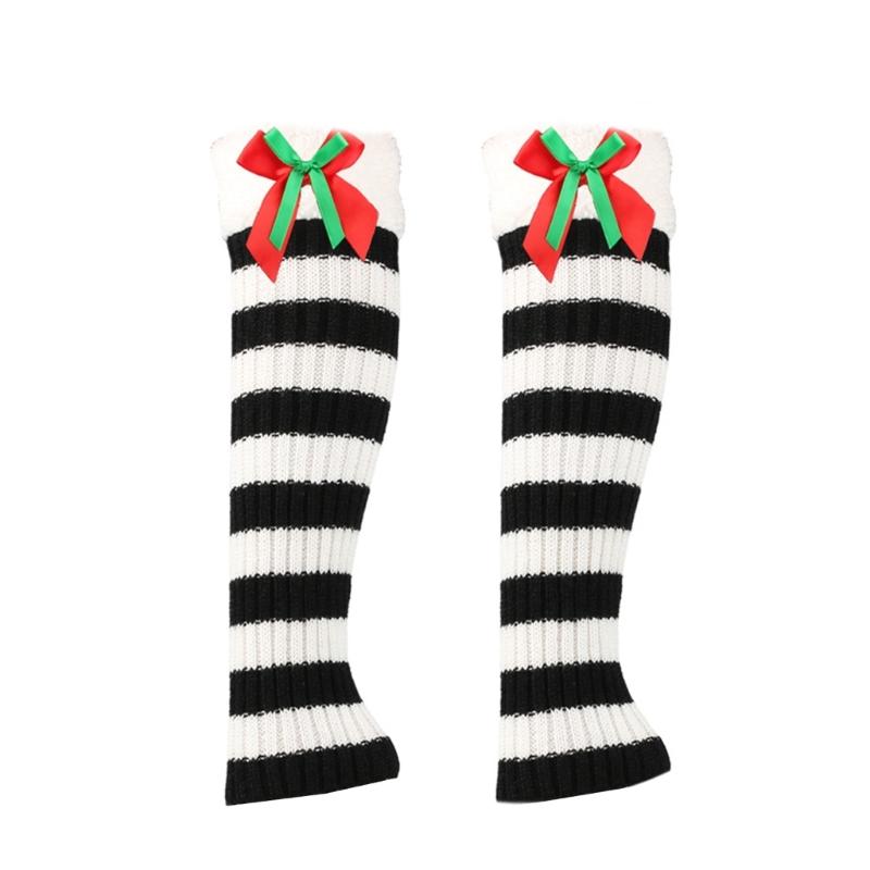 Winter Plush Trim Knitted Striped Boot Covers Footless Calf Socks with Bowknot Christmas Thermal Leg Warmers for Women