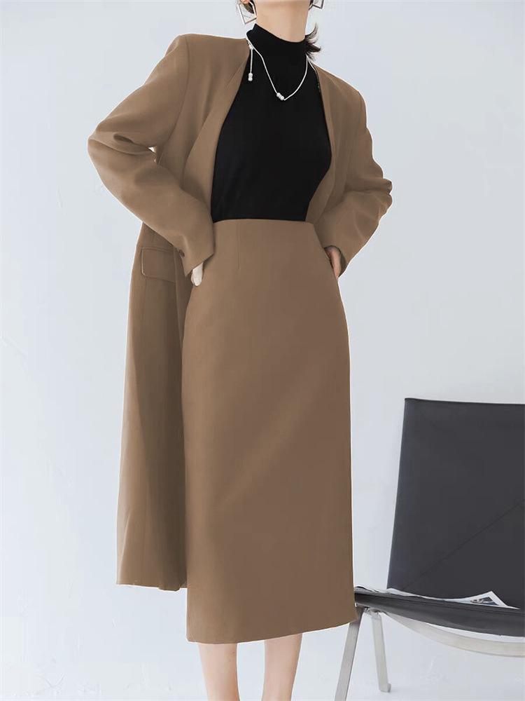 Women's Mid-Length Coffee-Colored A-Line High-Waisted Slit Skirt
