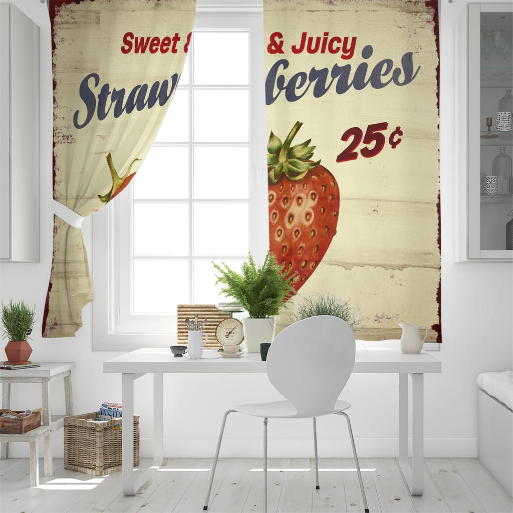 Rustikale Frucht Erdbeere Vintage Holzmaserung Fenster Vorhang Heimdeko Vorhänge für Wohnzimmer Schlafzimmer Küche Vorhangpaneel