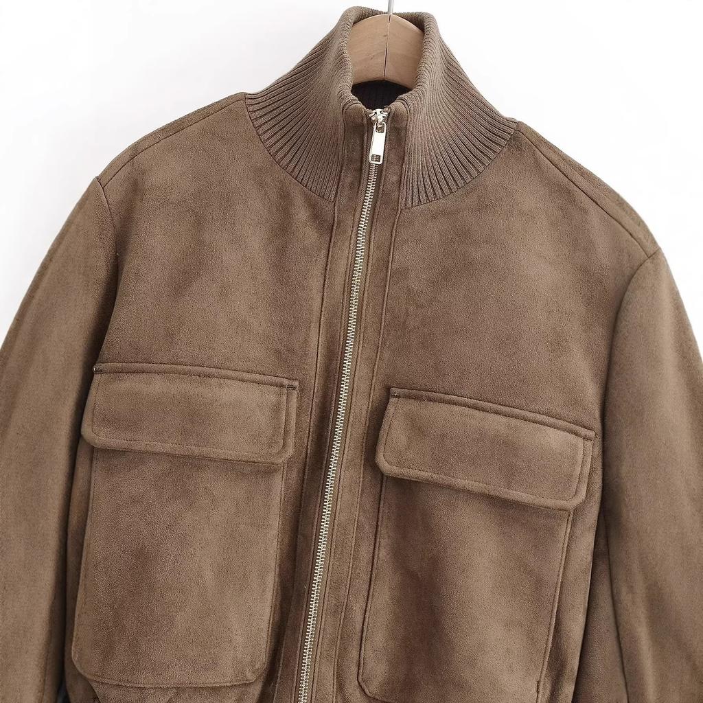 2026 Spring New European and American Cross-border Women's Clothing Knitted Stand-up Collar Suede Bomber Jacket W09 12030