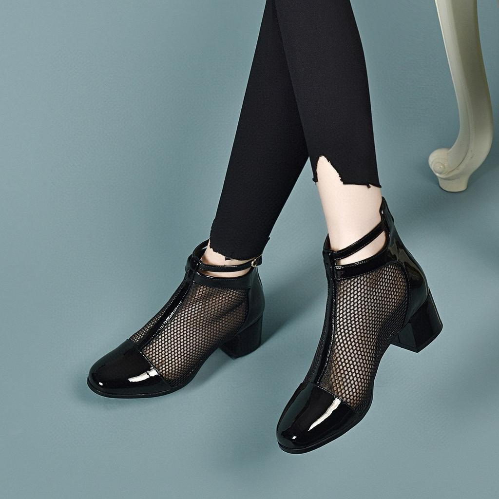 Summer Net Boots Women's Cow Patent Leather Round Head Belt Buckle Thick Heel Women's Fashion Shoes Two Kinds of High Cool Boots