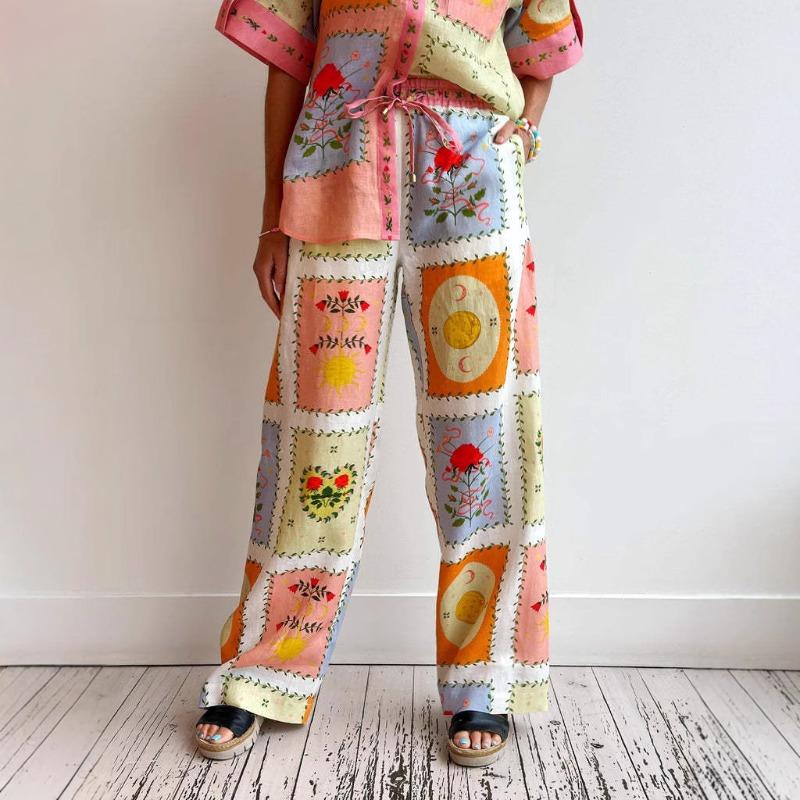 Summer Ladies Vacation 2-piece Casual Fashion Linen Shirt Collar Cardigan Long Suit