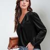 Women's satin pleated long-sleeved top with a V-neck, casual loose tinted commuter shirt