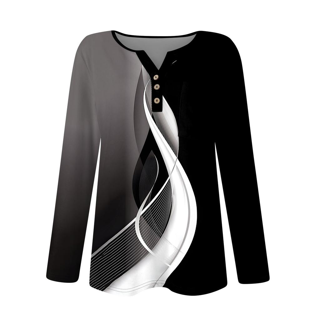 Camiseta de mujer con botones, manga larga, para uso diario, fin de semana, básica, cuello en V, regular, con bolsillo