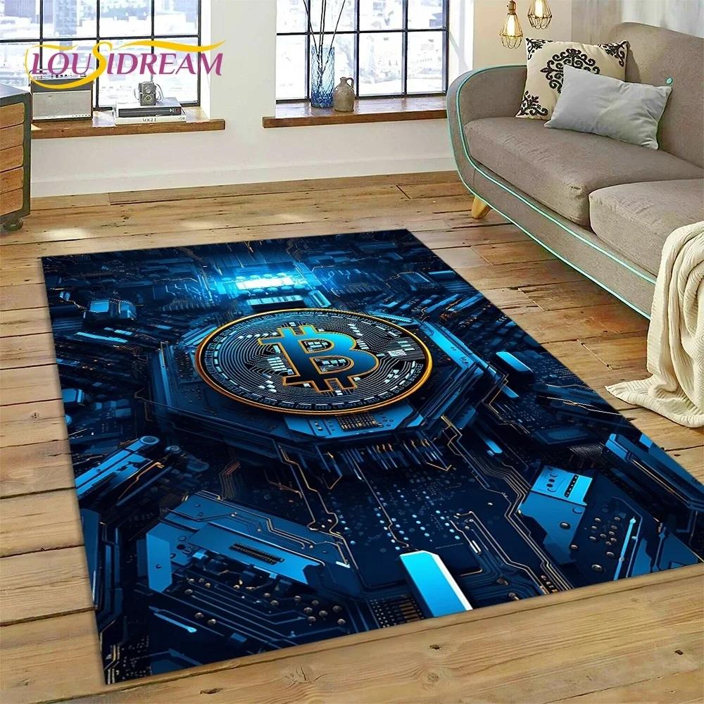 Bitcoin 3D Virtuální měna NFT Oblastní koberec Koberec pro ložnici Obývací pokoj Domácí dekorace pohovky, Dětská hra Velká dekorace Podlahová rohož