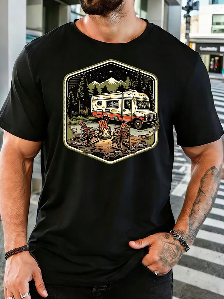Navy Unisexs Tee Rv Camping Mountain Scene Print Crew Neck Cotton Short Sleeve Outdoor Male Street Summer Soft Daily Casual Wear