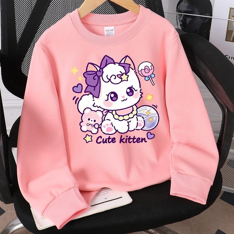 Kids Crewneck Sweatshirt, Cute Kitten with Bow & Stars Print, Soft Casual Pullover for Fall Winter