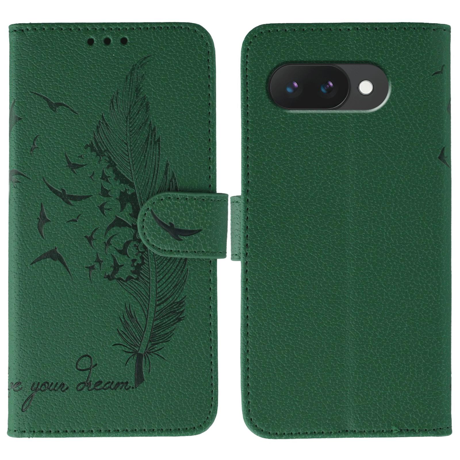 

For Google Pixel 9a Case Feather Imprint PU Leather Wallet Phone Cover Green
