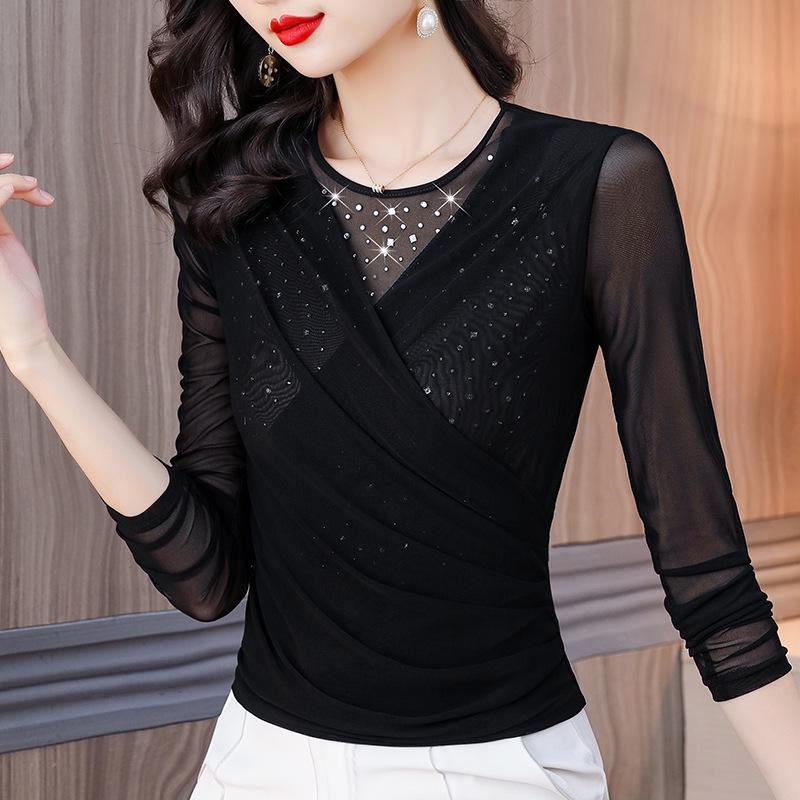 

Женская бархатная блузка с перекрестным вырезом - 2022 Осень/Зима Длинный рукав Однотонный приталенный топ XL