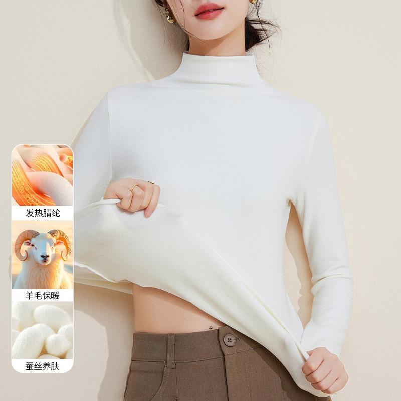 Wool silk velvet semi-turtleneck bottoming shirt autumn clothes women's thickened warm inner middle collar top women's winter