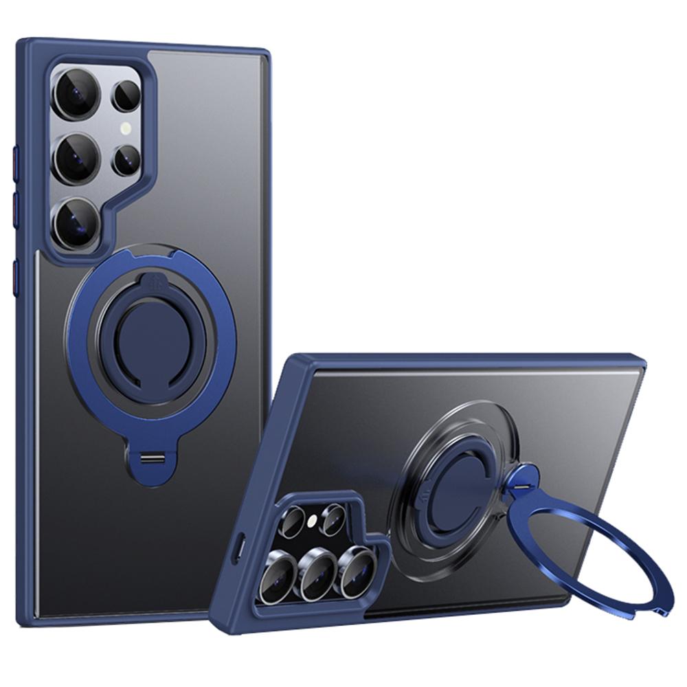 

For Samsung Galaxy S24 Ultra Magnetic Case Kickstand Matte PC+TPU Phone Cover with Silicone Ring D