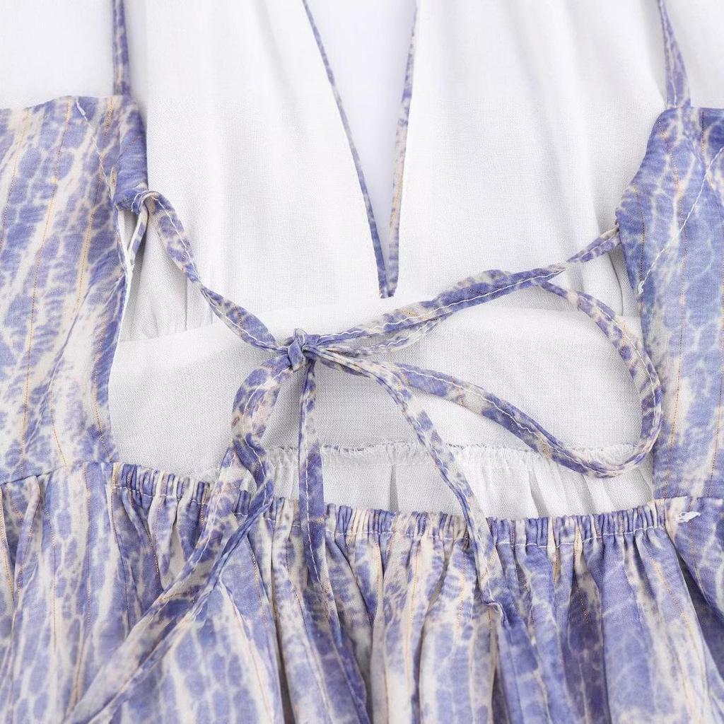 2025 Spring/Summer Sexy Backless V-Neck Spaghetti Strap Chiffon Print Dress