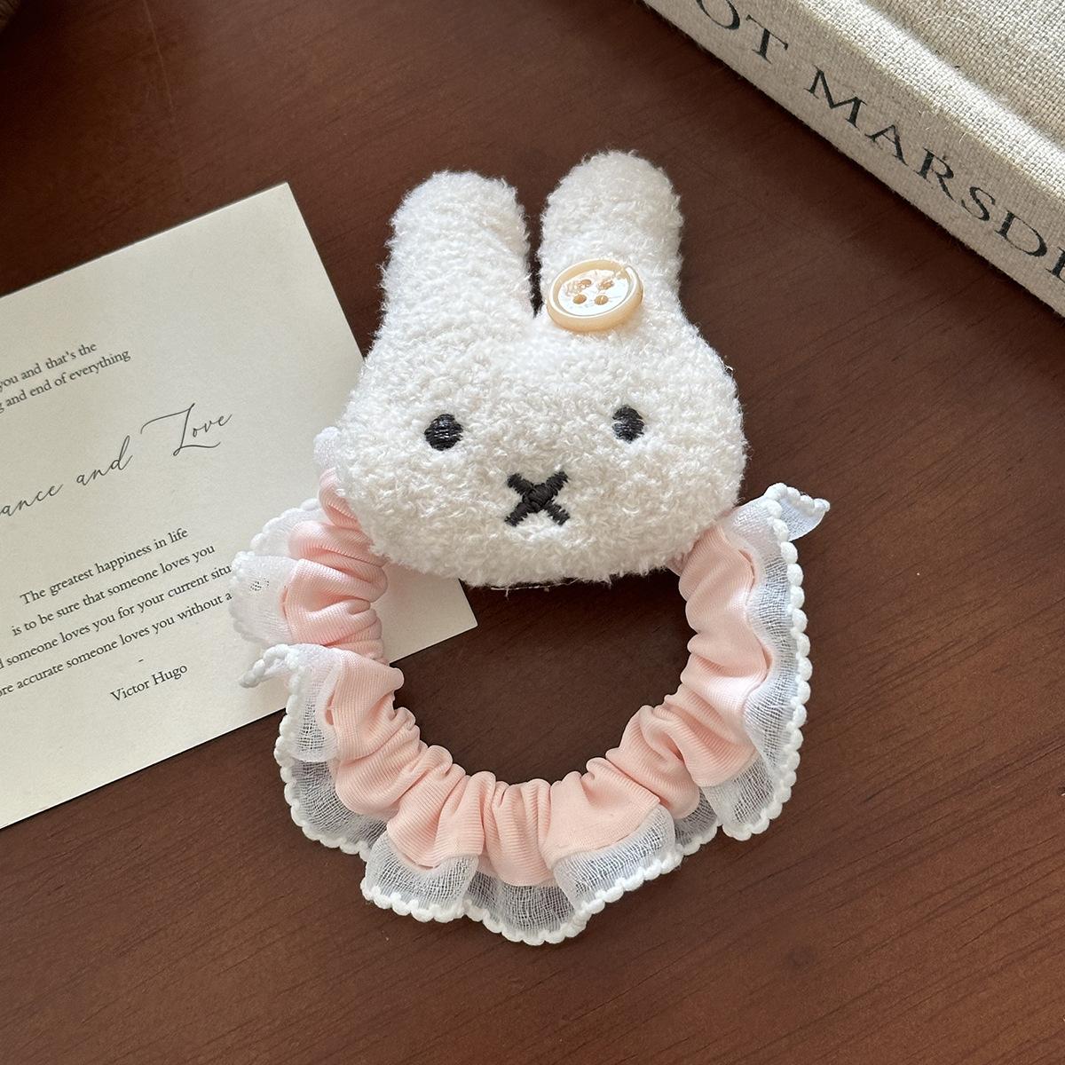 

Cute Plush Buttoned Little Rabbit Lace Bow Hairband Versatile Girl-style Ponytail Hairstring Accessory рожевий