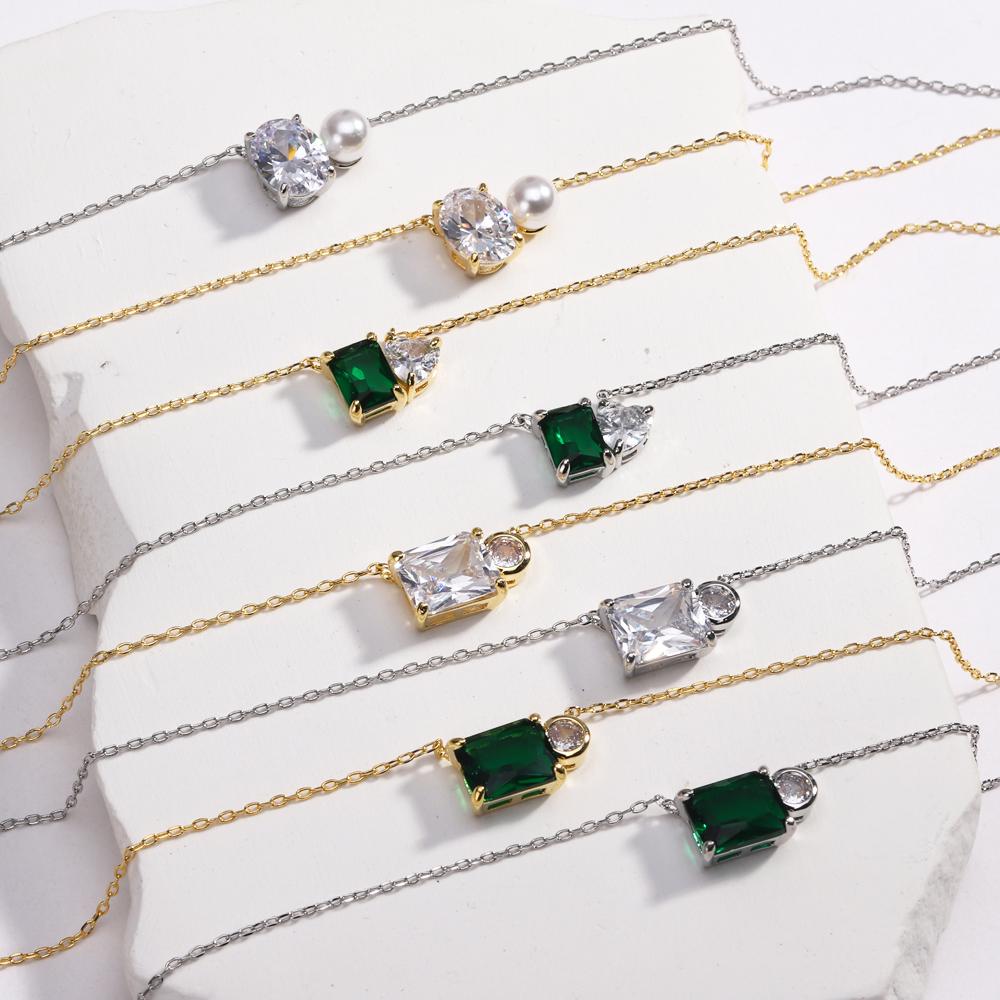 Women 18K Gold Plated Square Oval Heart Green Crystal Cubic Zirconia Dainty Choker Necklace New Fashion Gold Necklaces for Lady