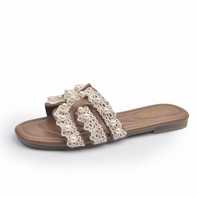 One-word Drag with Skirt Summer New Fairy Small Fragrant Slippers Female Outer Wear Pearl Soft Bottom Soft Surface Cool Slippers