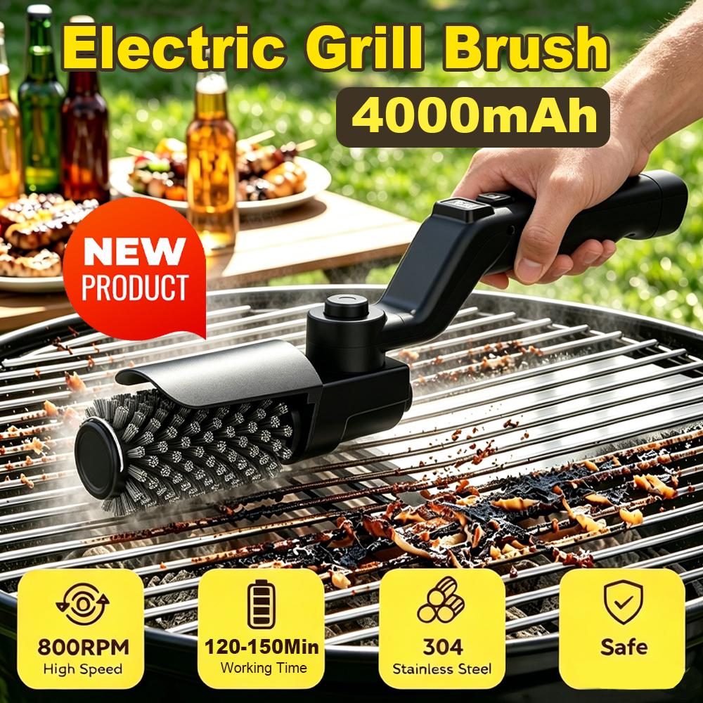 Elektrický grilovací kartáč 4 rychlosti 400 ot./min Bezdrátový čistič BBQ se 2 vyměnitelnými hlavami a 4000mAh baterií pro rychlé čištění roštu grilu