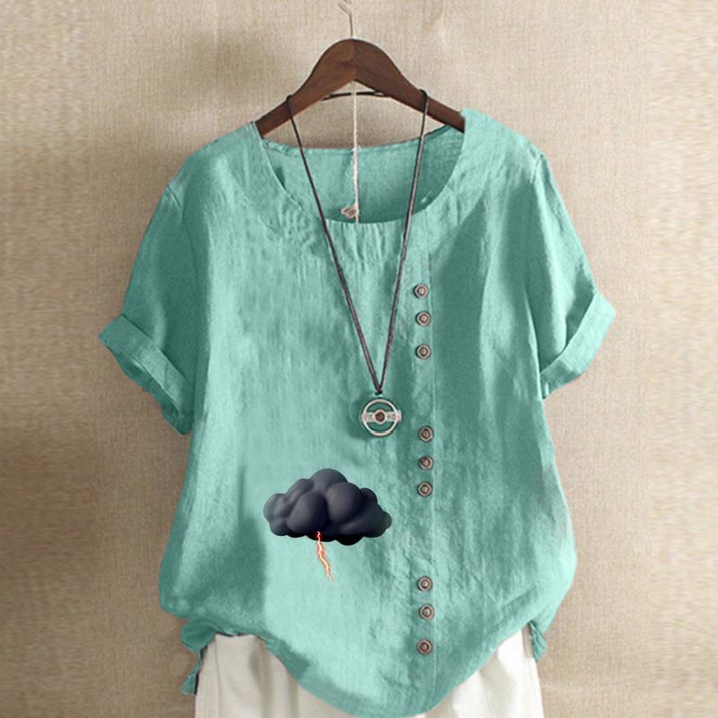 Women's Fashion Round Neck Short Sleeve T-shirt Casual Cotton Linen Graphic Shirt Leisure Loose Dark Clouds Prined Summer Blouse Tops