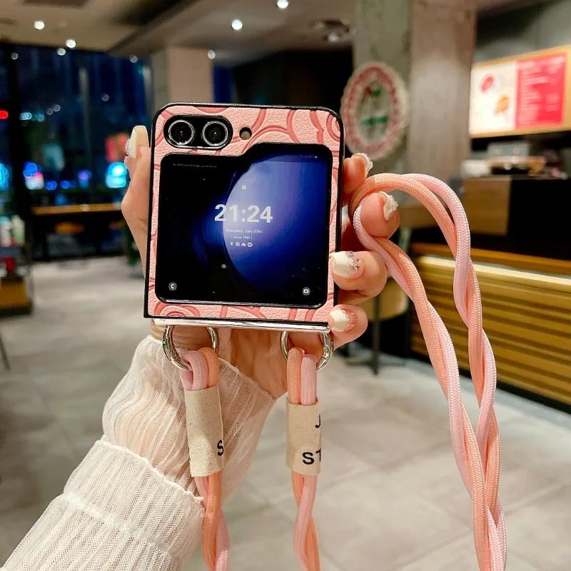 Crossbody Leather Flower Phone Case for Samsung Galaxy Z Flip 6 5 4 3 Flip6 Flip5 Flip4 Flip3 5G Hard Shell Shockproof Cover