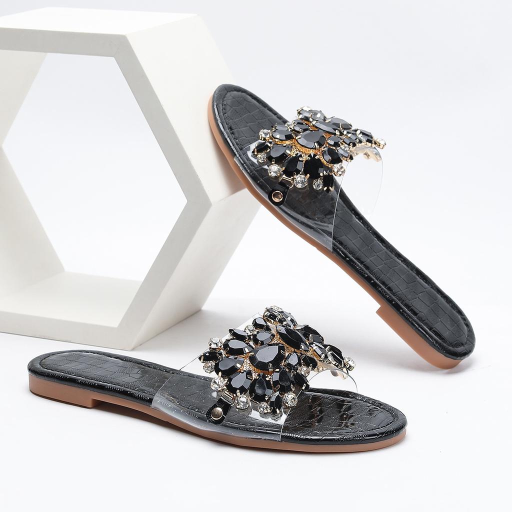 Fashion Women's Fashion Slippers Summer Black Diamond Luxury Charm Radiant Round Head Flat Bottom Comfortable Anti slip Women's Slippers